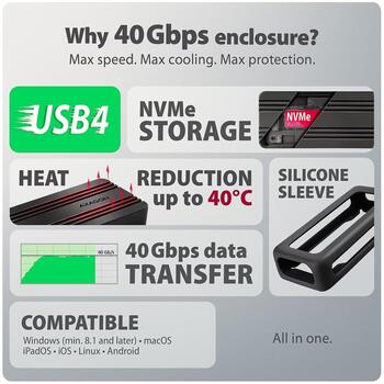 Axagon EEM2-40G внешний корпус SSD, USB4 40Gbps, M.2 NVMe, 2230-2280mm, алюминий, UASP, TRIM (EEM2-40G)