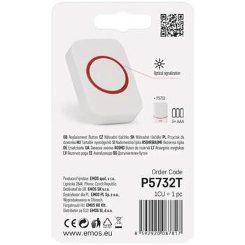 Emos Уличная кнопка дверного звонка P5732T, 1 шт., 17x40x60mm, IP44, 1x3V CR2032, беспроводная, 433MHz, до 100m (P5732T)