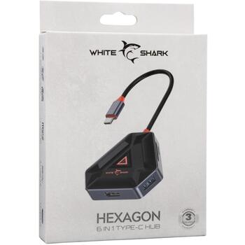 White Shark HEXAGON USB centrmezgls, 6 porti, USB 3.0, 5Gbps, HDMI 4K 30Hz, SD/Micro SD, melns/sudrabs (HEXAGON)
