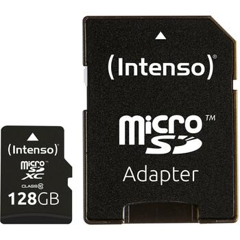 Intenso карта памяти MicroSDXC 3413491 128 ГБ, скорость чтения 25 МБ/с, класс 10, водонепроницаемая, ударопрочная, SD адаптер (3413491)