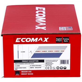 Ecomax naglas naglu pistolei EMNA342965BBRID&EMX, 65x2,9mm, 34°, 2000 gab., necinkotas, rievotas, papīra magazīna, D tipa galva (EMNA342965BBRID&EMX)