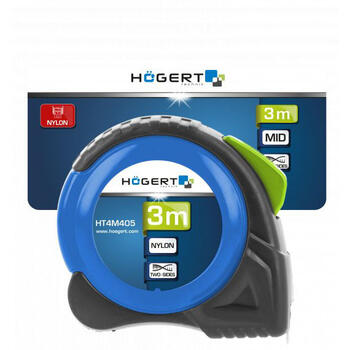 Hogert HT4M405 mērlente, 3m, 16mm, II klase, neilona pārklājums, abpusēja skala, automātiska fiksācija, jostas klipsis (HT4M405)