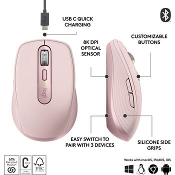Logitech USB datorpele, MX 3S, 910-006931, 8000 DPI, 6 pogas, rozā, Bluetooth, uzlādējams, kluss klikšķis (910-006931)