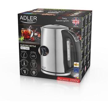 Adler электрический чайник AD 1340, 1,7 L, 2200 W, нержавеющая сталь, ЖК-дисплей, 360° поворотная база (AD 1340)