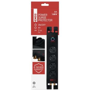 Emos Защита от перенапряжения P54222, 2м, 1800J, 4x2P+PE, 16A, 3680W, EMI/RFI фильтр, защита от детей (P54222)