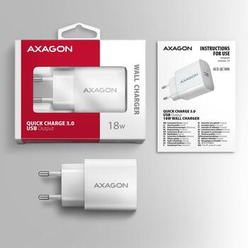 Axagon lādētājs ACU-QC18W 18W 1xUSB-A QC3.0, Ieejas spriegums 100-240V, Aizsardzība pret pārslodzi, Pārkaršanu, Pārspriegumu (ACU-QC18W)