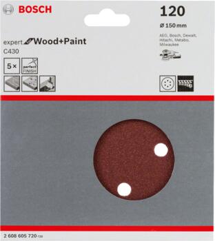 Slīppapīrs,kokam,PEX D=150mm,K120,5 gab., Ekscentra slīpmašīnām, ekscentra slīpmašīnām ar putekļu maisu C430 EXPERT FOR WOOD AND PAINT, 2608605720, BOSCH (2608605720)
