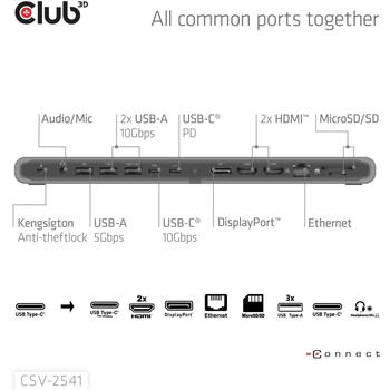 Club3D dokstacija CSV-2541 12-in-1, 2x HDMI, 1x DisplayPort, 3x USB Type-A, 1x USB Type-C, RJ45, karšu lasītājs, 3.5mm audio, 100W (CSV-2541)