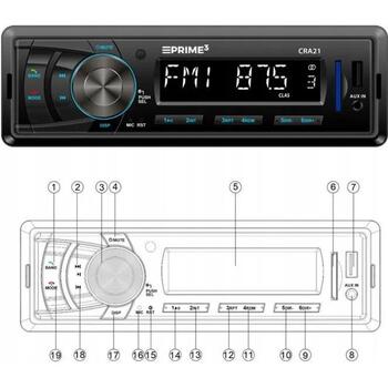 Prime3 автомобильное радио CRA21, 4x20W, 18 предустановленных станций, Bluetooth, FM, AUX, USB, SD, линейный выход (CRA21)