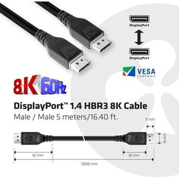 Club3D кабель DisplayPort CAC-1061 5м, 32.4Gbps, 1.4, 28AWG, черный, золотые контакты, защелкивающиеся разъемы (CAC-1061)