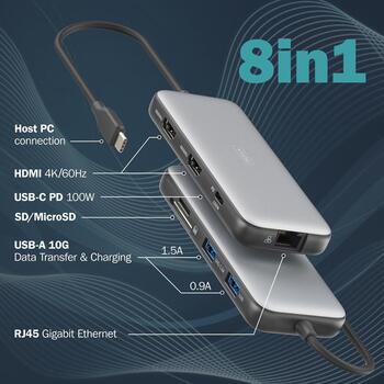 Digitus DA-70915 USB-C док-станция, 8 портов, 2x HDMI, 1x RJ-45, Gigabit Ethernet (DA-70915)