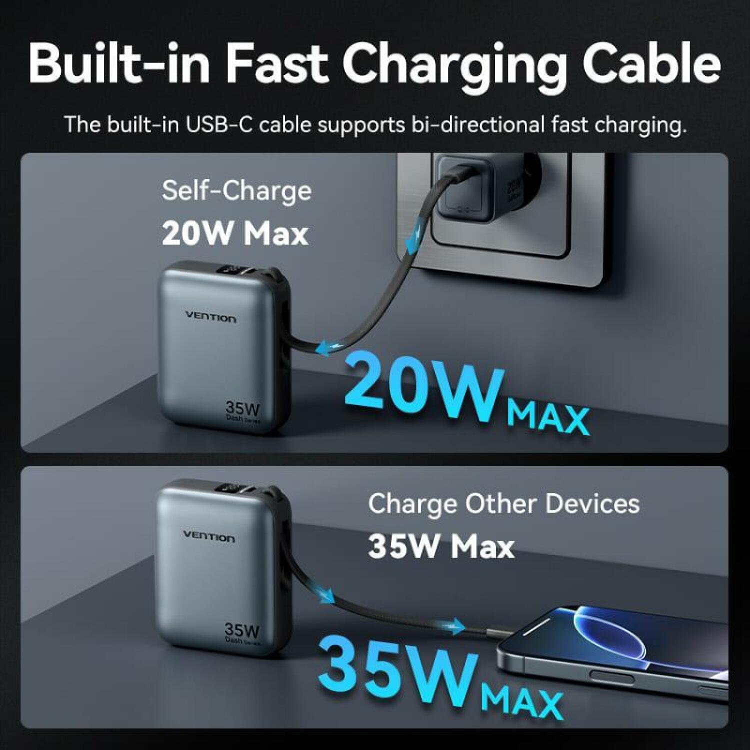Vention Power Bank FHEH0, 10000mAh, 35W, Li-Poly, USB-C, 1x3A, компактный, быстрая зарядка, LED дисплей (FHEH0)