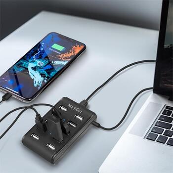 LogiLink USB концентратор UA0125, 10x USB 2.0, 480 Мбит/с, 5В 3.5А, черный, кнопка вкл выкл, защита от перегрузки (UA0125)