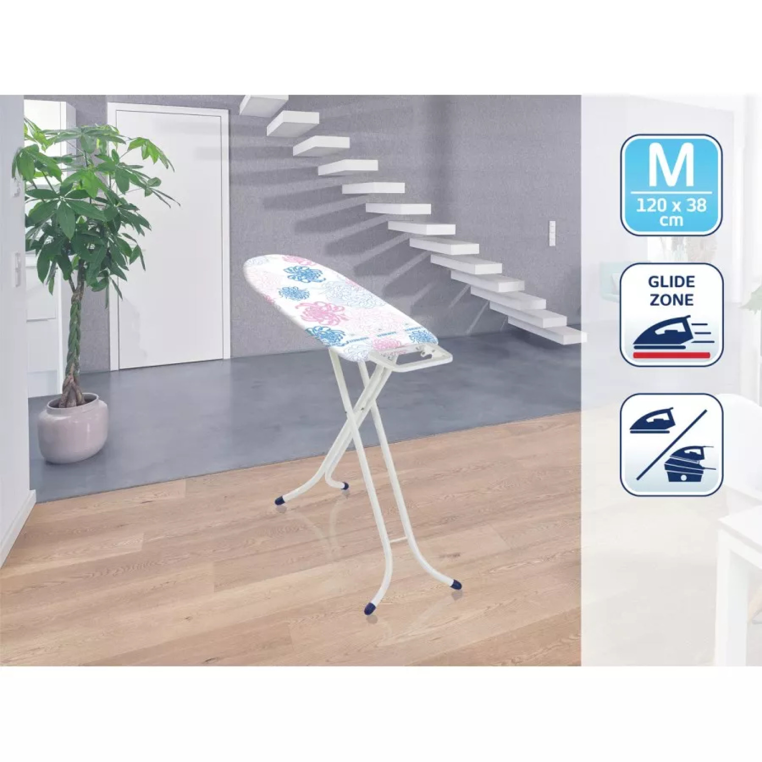 Leifheit Classic M Compact gludināmais dēlis 1072610, 120x38cm, regulējams augstums 76-96cm, tvaiku atstarojoša virsma (1072610)