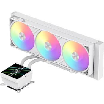 Gamemax procesora šķidruma dzesētājs GLACIER 360 LCD WH, 85.82 cfm, TDP līdz 330W, ARGB ventilators, 800-2000 rpm (GLACIER 360 LCD WH)
