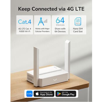 Cudy LT300 4G LTE Cat4 маршрутизатор, 300Mbps WiFi, Nano SIM, VPN, блокировка диапазонов, белый (LT300)