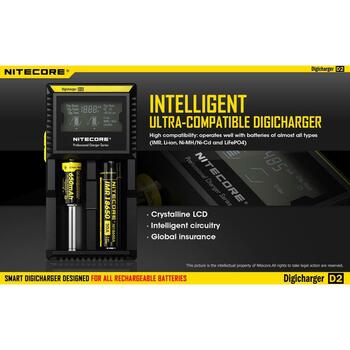 Nitecore Зарядное устройство D2EU, 2 слота, совместимо с Li-ion, Ni-MH, Ni-Cd, ЖК-экран, оптимизированная зарядка (D2EU)