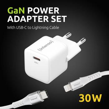 Intenso strāvas adapteris 7803052 30 W, 100-240 V, 1 USB Type-C, ātrā uzlāde, 1.5 m USB-C uz Lightning kabelis, balts (7803052)