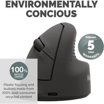 Fellowes Breyta vertikālā bezvadu pele 100143579, 1600 DPI, Bluetooth + USB Type-C, optiskā, ergonomiskā, labročiem, melna (100143579)