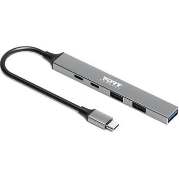 Port Connect USB centrmezgls 900163, 1xUSB-C, 1xUSB-C (jaudas piegāde), 2xUSB-A 2.0, 1xUSB-A 3.2, 100W, alumīnija korpuss (900163)