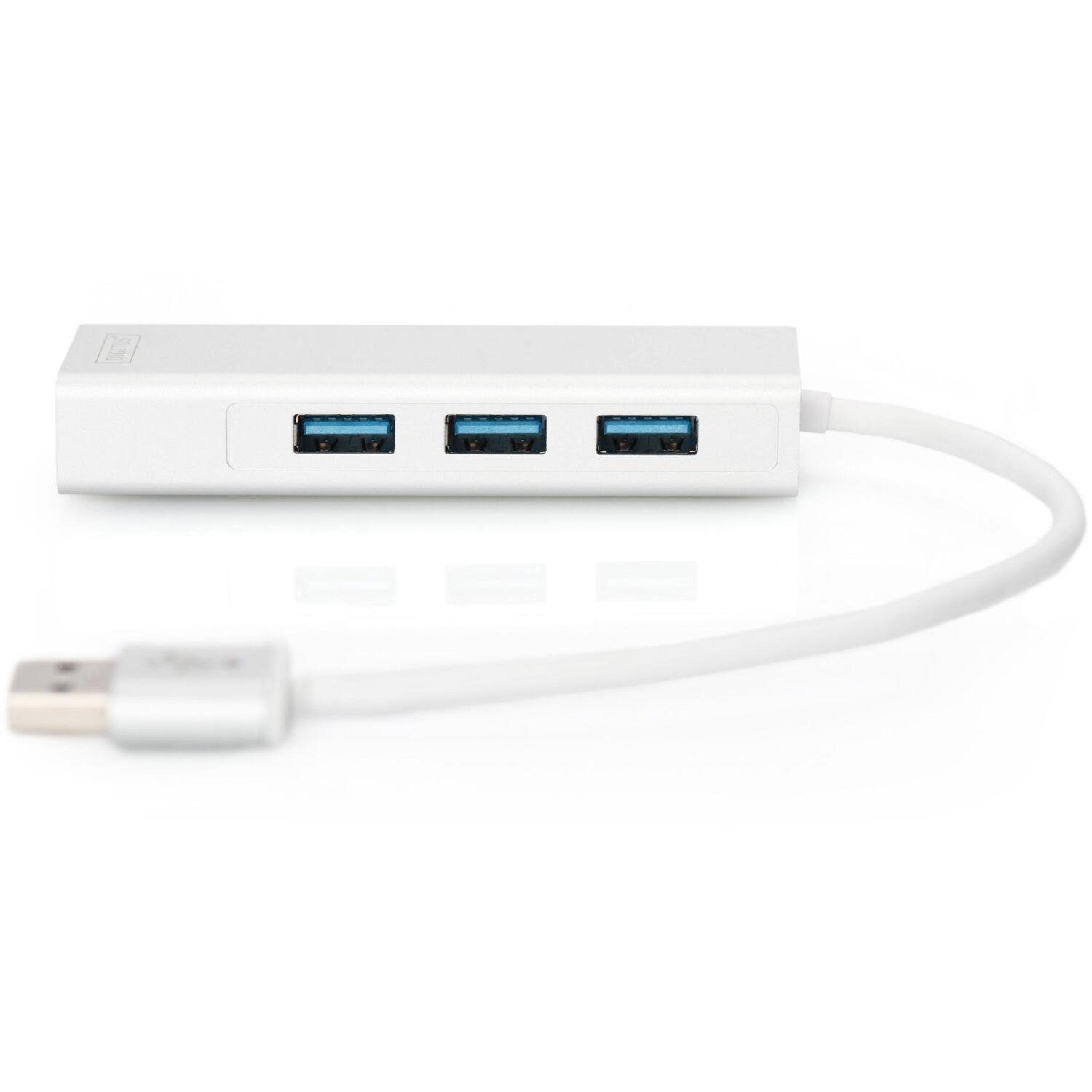 Digitus USB концентратор DA-70250-1, 3x USB 3.0 A, 1x RJ-45 10/100/1000 Mbps, 1x USB A, IEEE 802.3, WOL, Auto MDIX, белый (DA-70250-1)