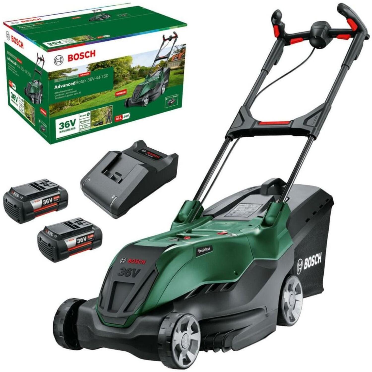 Bosch AdvancedRotak 36V-44-750 06008B9G02, аккумуляторная газонокосилка, 44см, 36В, 2x4Ач, 50л, 25-80мм, 7 полож. (06008B9G02)