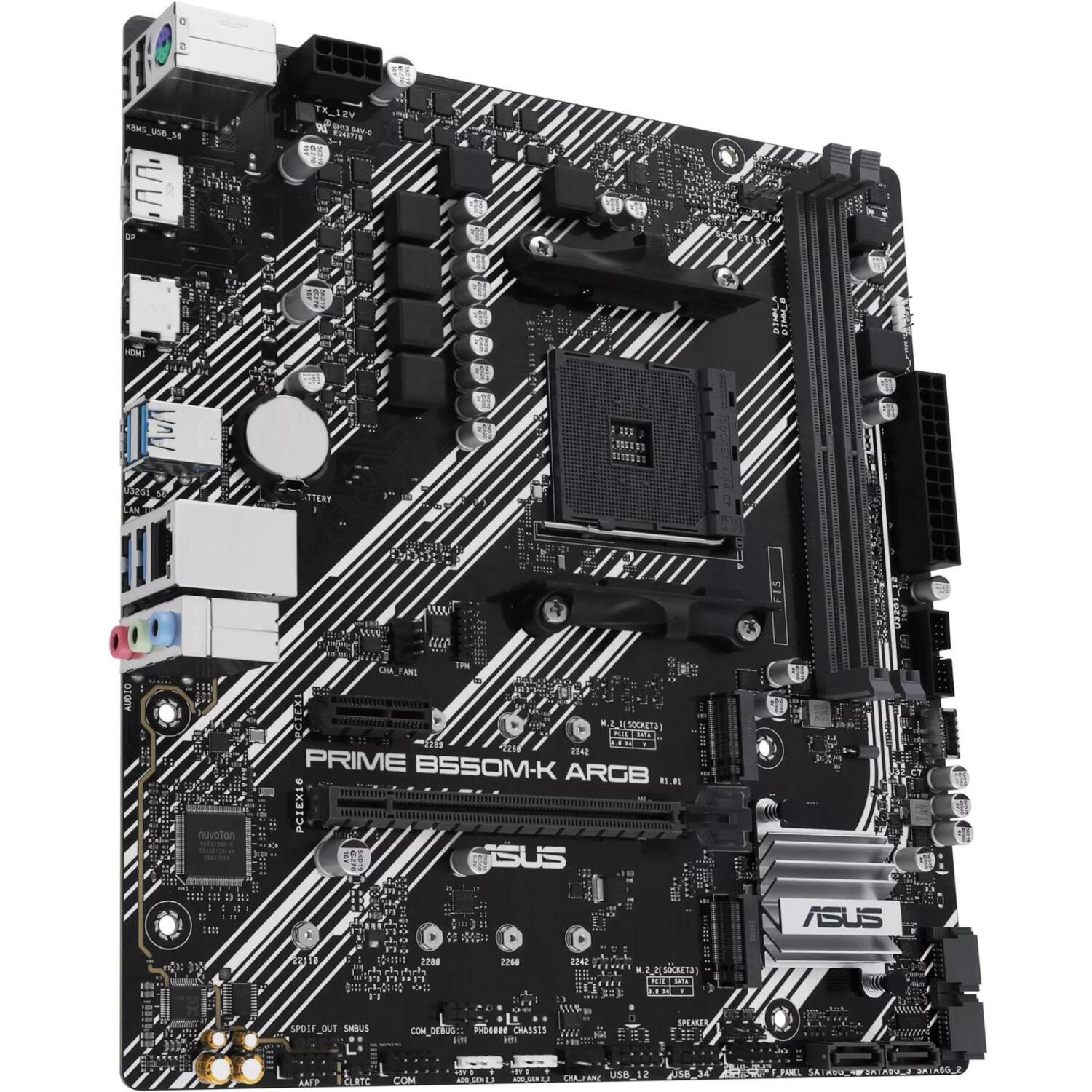 Asus Dēlis PRIME B550M-K ARGB, AM4, DDR4, 64 GB, 2 x M.2, 4 x SATA III, 1 x HDMI, 1 x DisplayPort, 7.1 audio, RGB (PRIMEB550M-KARGB)