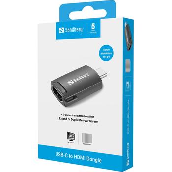 Sandberg 136-34 USB-C-HDMI dongle, alumīnija korpuss, melns, 4K/30Hz, 3840x2160, LED indikators (136-34)
