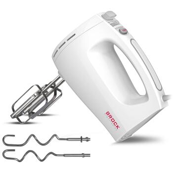 Brock HM 3001 WH ручной миксер, 300 Вт, 5 скоростей, турбо, венчики и крюки для теста из нержавеющей стали, белый (HM 3001 WH)
