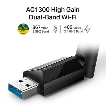 AC1300 Высокопроизводительный Двухдиапазонный USB Адаптер, TP-Link, Archer T3U Plus, 867 Мбит/с, 400 Мбит/с, 20dBm (5 GHz), 18dBm (2.4 GHz), FCC, CE, RoHS (ARCHERT3UPLUS)