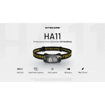 Nitecore Galvas lampa HA11, 240 lm, 90 m gaismas attālums, 75 h akumulatora darbības laiks, 1 AA akumulators, SOS režīms (HA11)
