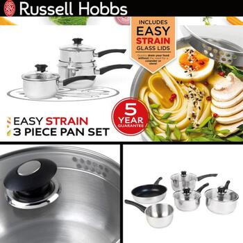 Russell Hobbs RH00542EU7 Easy Strain katlu komplekts 3g, 16/18/20cm, nerūsējošais tērauds, stikla vāki, indukcijai (RH00542EU7)