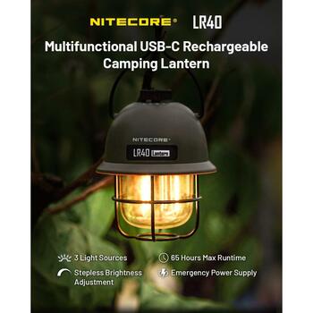 Nitecore Lukturis LR40, 100 lm, 4000 mAh, 65 h maksimālais darbības laiks, USB-C uzlāde, 3 gaismas avoti (LR40)