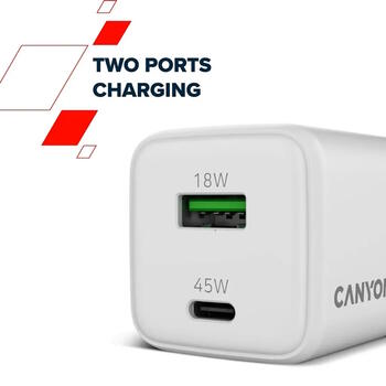 Kompakts sienas lādētājs ar GaN tehnoloģiju 45 W kopējo jaudu 1×PD un 1×QC ātrās uzlādes portu CU45AC EU Balts CNS-CUW45AC CANYON (CNS-CUW45AC)
