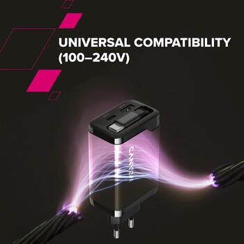 Kompakts sienas lādētājs ar integrētu USB C kabeli 65 W kopējo jaudu 1×PD un 1×QC ātrās uzlādes portu OnCharge 65RC Build In Cable EU Melns CNS-CURC65ACB CANYON (CNS-CURC65ACB)