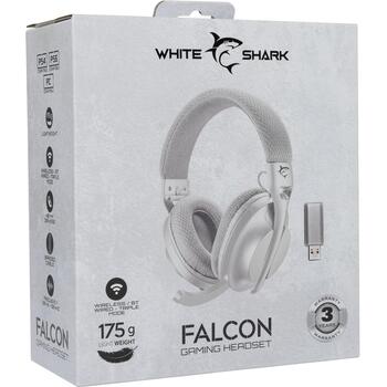 White Shark Беспроводные игровые наушники FALCON WHITE/GREY, 175g, 40mm, 121dB, 30Ω, 20-20000Hz, 2 динамика, 1.5m кабель (FALCON WHITE/GREY)