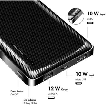 LogiLink PA0316 Power Bank, 10000 мАч, 2x USB-A, USB-C, 12 Вт, 2.4 А, LED-дисплей, черный (PA0316)