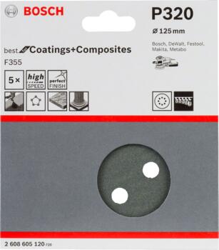 Slīppapīr akmenim PEX/GEX D=125mm, K 320, 5 gab., Ekscentra slīpmašīnām PRO F355 SLĪPDISKS, 2608605120 BOSCH (2608605120)