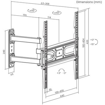 Sbox televizora kronšteins PLB-3644-2, 32-55'', 35kg, 100x100-400x400, +3°/-15°, 90° griešanās, melna (PLB-3644-2)