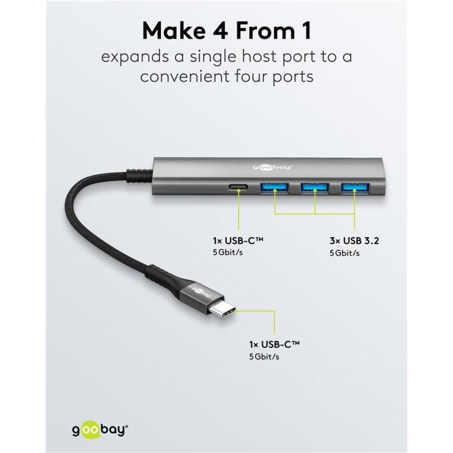 Goobay 76562 USB-хаб, 4 порта, USB-C на USB-C/USB-A, 5 Гбит/с, светло-серый (76562)