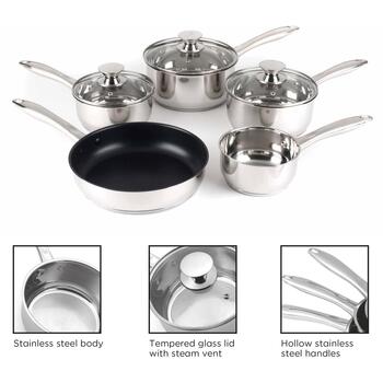 Russell Hobbs Classic Collection S/S набор сковород BW06572EU72, 5 шт., 14-24 см, нержавеющая сталь, стеклянные крышки (BW06572EU72)