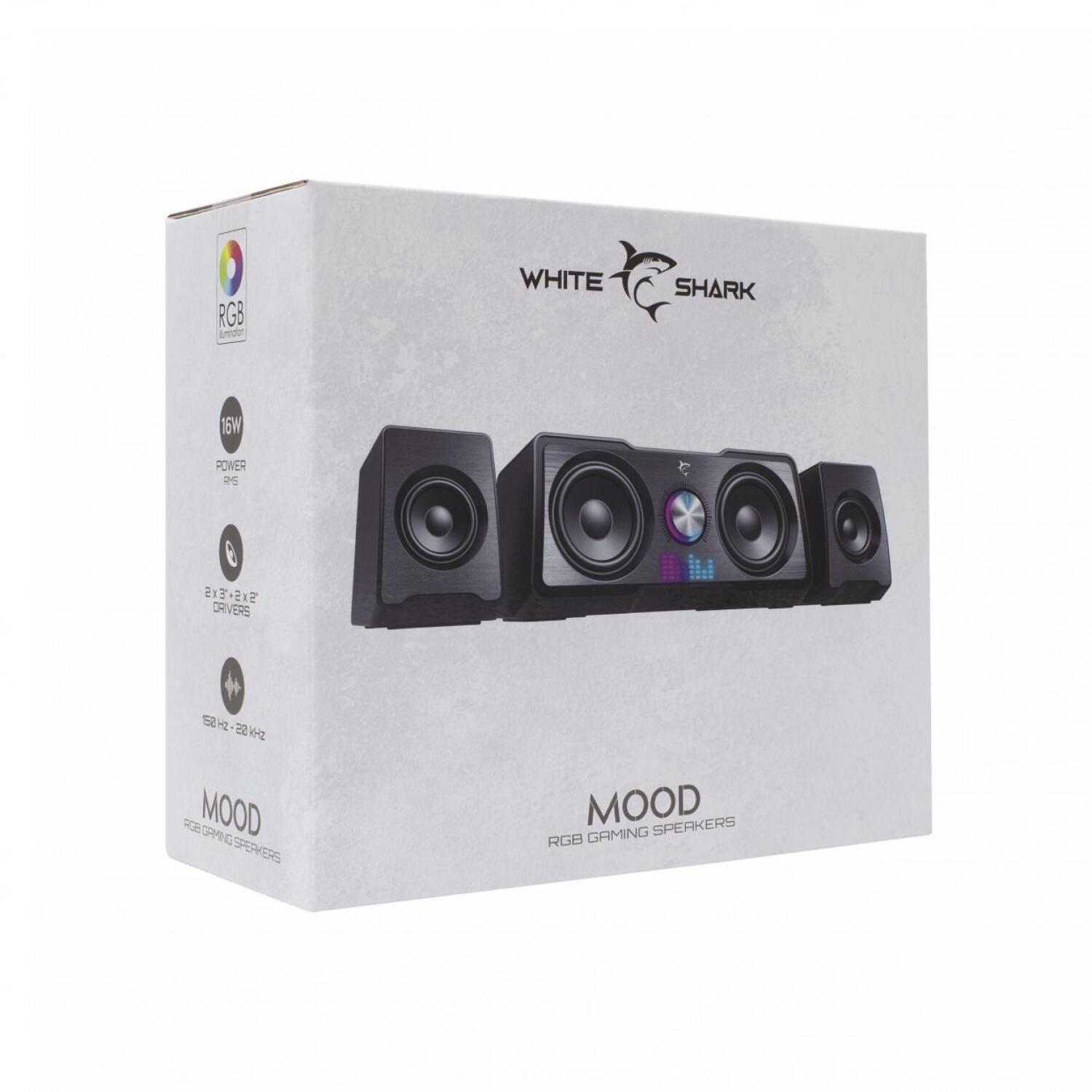 White Shark Компьютерные колонки MOOD-B, 16W, 150-20000Hz, 2.2 Стерео, 85dB, 5V, 3.5mm Audio, USB 2.0, радужный эффект (MOOD-B)