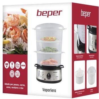 Beper Пароварка BC.250, 800W, 9L, 3 отсека, 1L резервуар для воды, автоматическое отключение, контейнер для риса (BC.250)