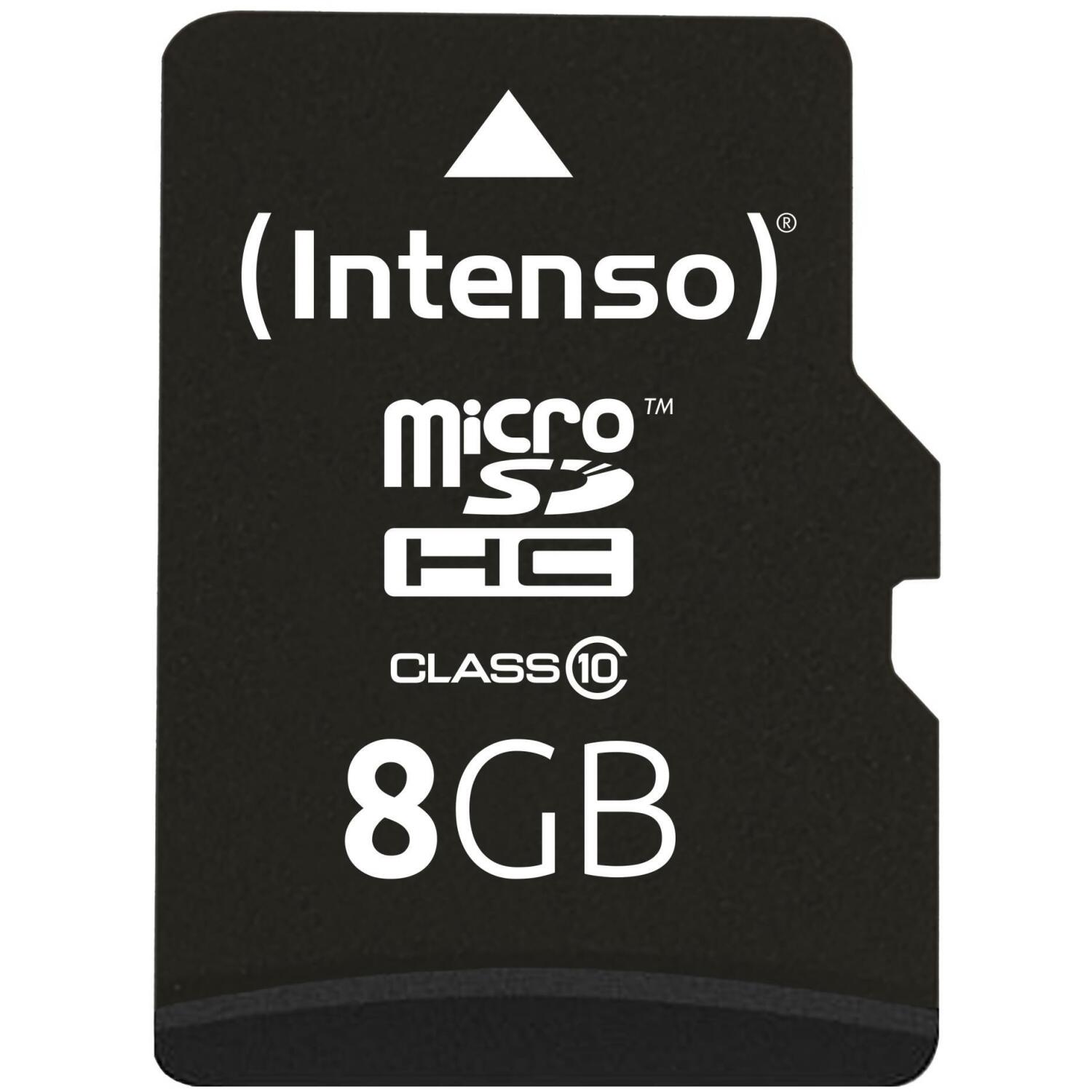 Intenso карта памяти micro SDHC 3413460 8 ГБ, скорость чтения 25 МБ/с, класс 10, водо- и ударопрочная, SD адаптер в комплекте (3413460)