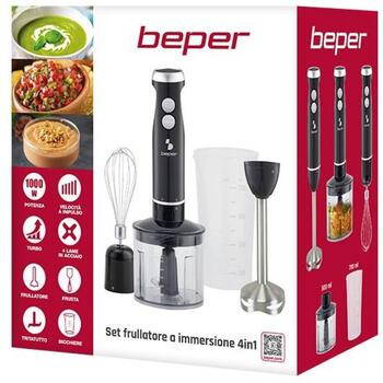 Beper Погружной блендер P102FRU151, 1000 Вт, черный/нержавеющая сталь, 4 лезвия, 0.5 л измельчитель, 0.7 л мерный стакан (P102FRU151)