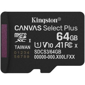 Kingston Canvas Select Plus microSDXC 64GB SDCS3/64GB, 100MB/s, A1, UHS-I, U1, V10, IPX7, SD адаптер (SDCS3/64GB)