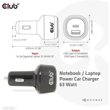 Club3D Зарядное устройство CAC-1922 63W, 12-24V, 1xUSB Type-A 18W, 1xUSB Type-C 45W, OCP, OVP, SCP, OTP, Черный (CAC-1922)