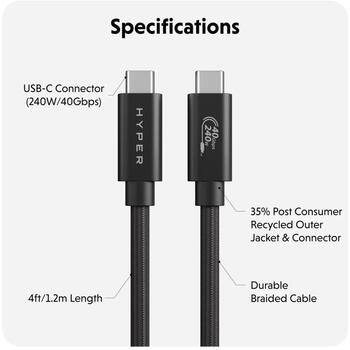Hyper HyperDrive Next USB4 Type-C veiktspējas kabelis HD6500BKGL, 1.2 m, 240 W, 40 Gbps, 8K atbalsts, PD 3.1 (HD6500BKGL)