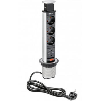 Gtv мебельная розетка AE-BPW3S60U-80, 60мм, 3xSHUKO, 2xUSB-A 2.1A, 1.5м, 3600Вт, IP20, алюминий (AE-BPW3S60U-80)