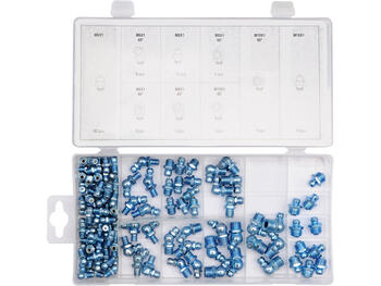 Yato smērvielu uzgaļu komplekts YT-06888, 110 gab, metriskā vītne, M6x1 mm, M8x1 mm, M10x1 mm, 45°, 90°, organizer (YT-06888)